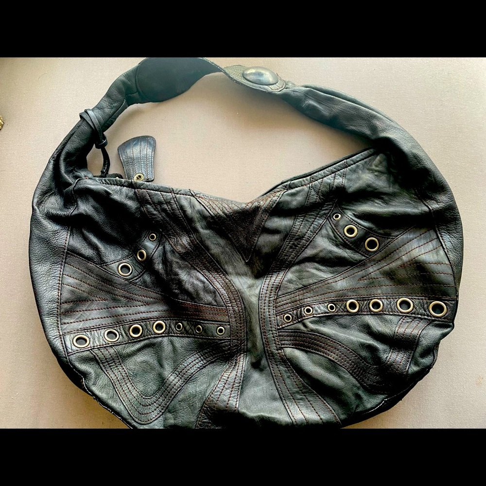 Black leather hobo bag with studded details